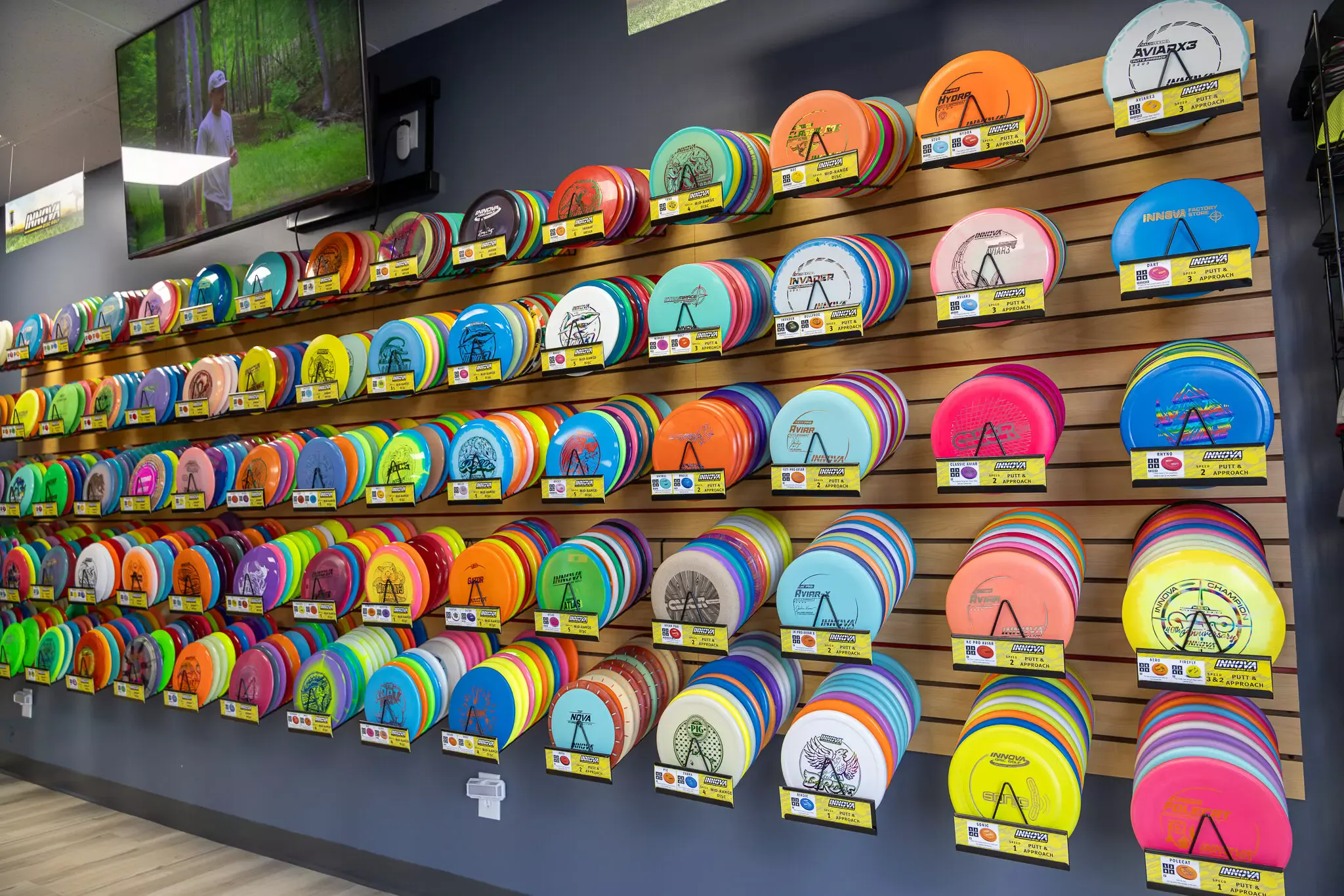 Disc golf discs on display